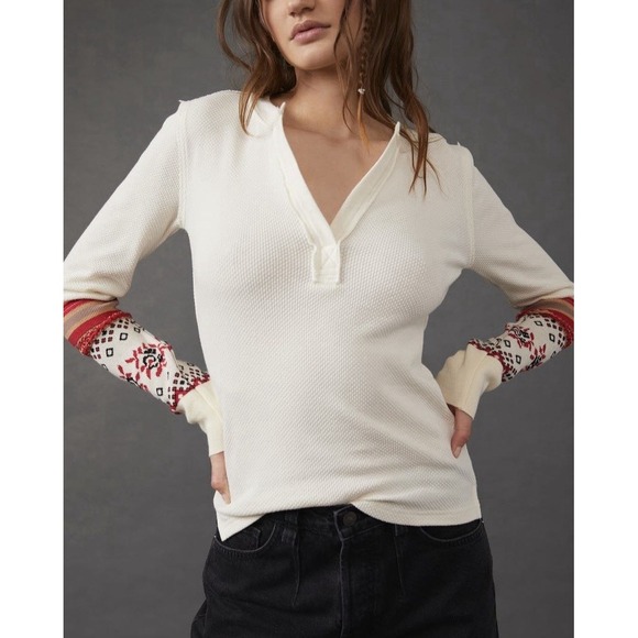 Free People Mikah Henley Thermal Cream Top Waffle Knit Boho Long Sleeve Size L - Picture 2 of 9
